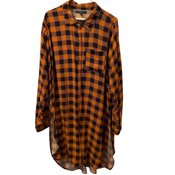 Miss Lili Orange & Black Plaid Button-Down Shirt tunic Sz 2X  100% Rayon women - Picture 7 of 12